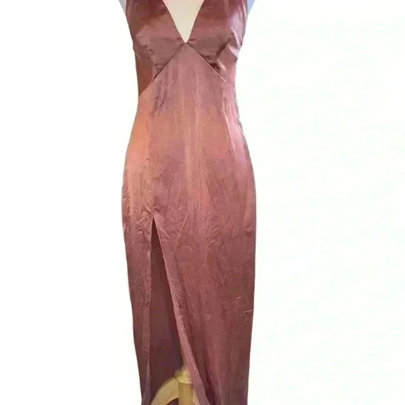 Nasty Gal Midi Satin Slip Dress Size 6 With A High Slit And Plunging Neckline - Picture 3 of 7